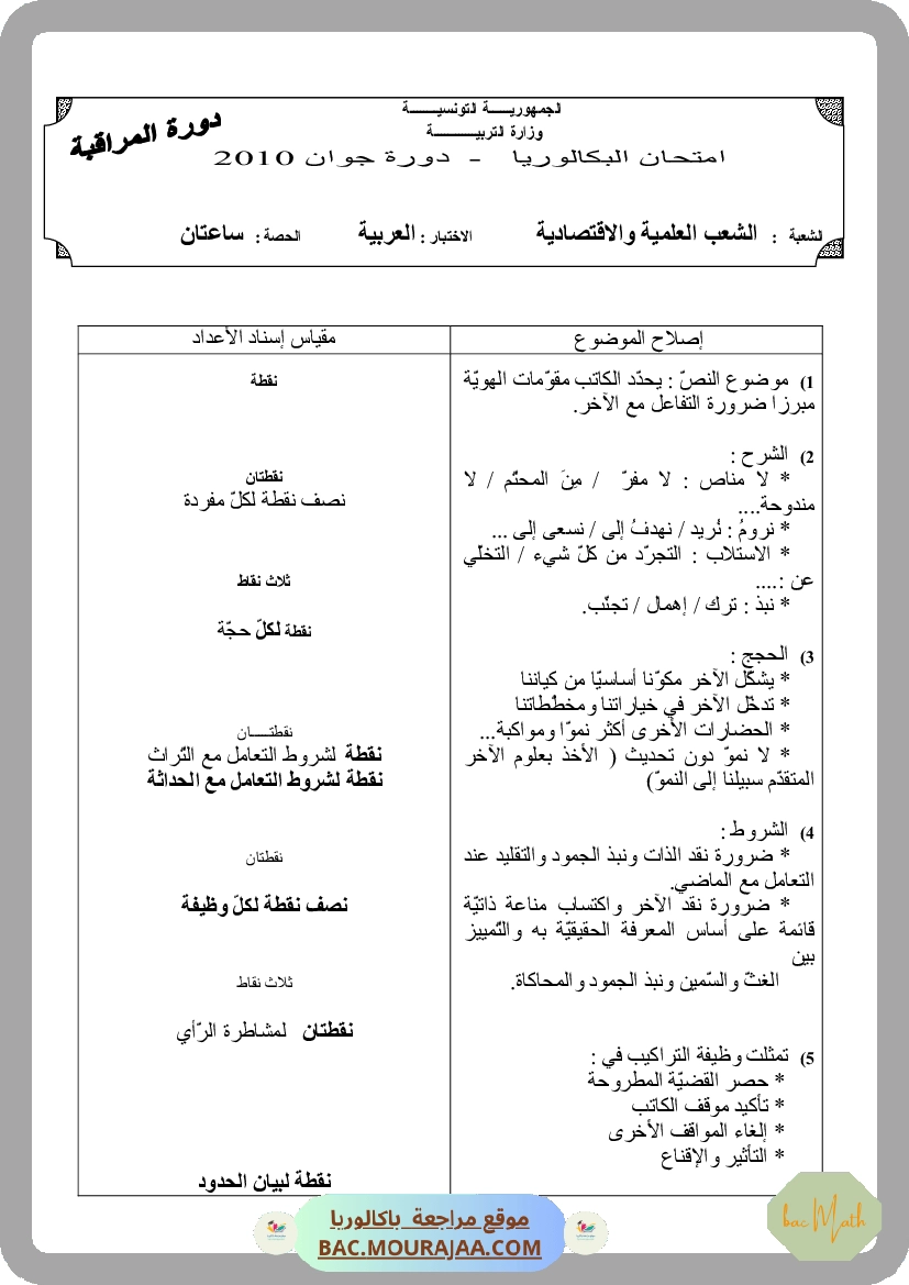Corrigé controle arabe Bac 2010 – Section math